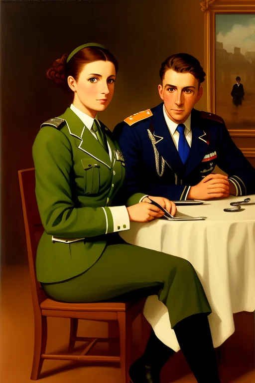 A Woman In A Green Uniform, With A Medal, Sitting At A Table...