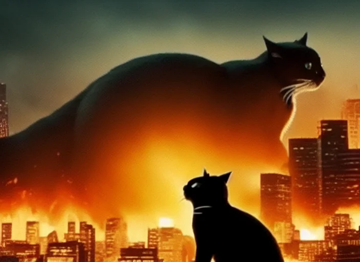 Maxwell The Cat Fighting Against Godzilla In A Burning City...