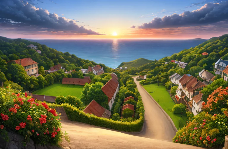 A Medieval Anime Town Near The Ocean With A Landscape, The T...