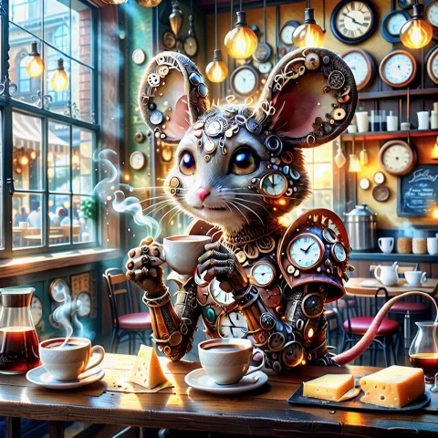 In A Vibrant Caf Setting, A Whimsical Wabi-sabi Mouse Wearin... — SDXL AI Prompt: In a vibrant café setting, a whimsical wabi-sabi mouse wearing elegant tribal ag...