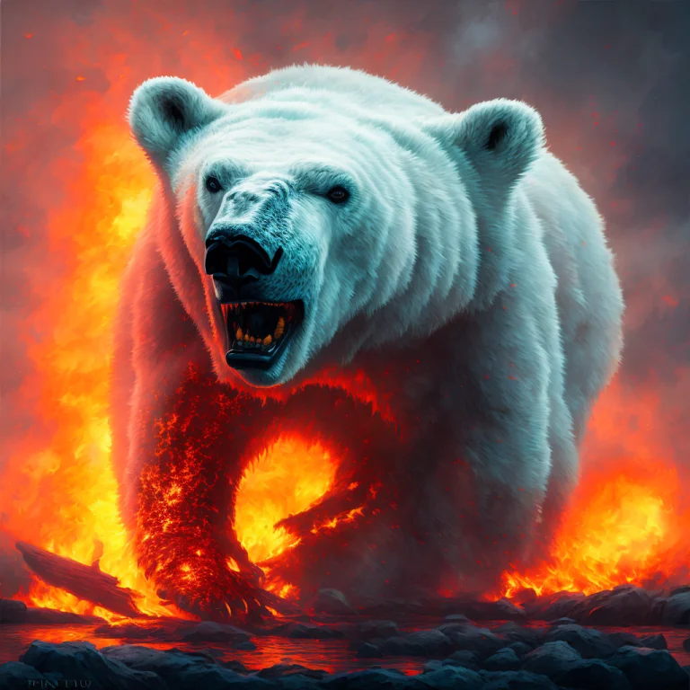 A Dramatic Image Of A Polar Bear, Fire, Plain Background, Ci...
