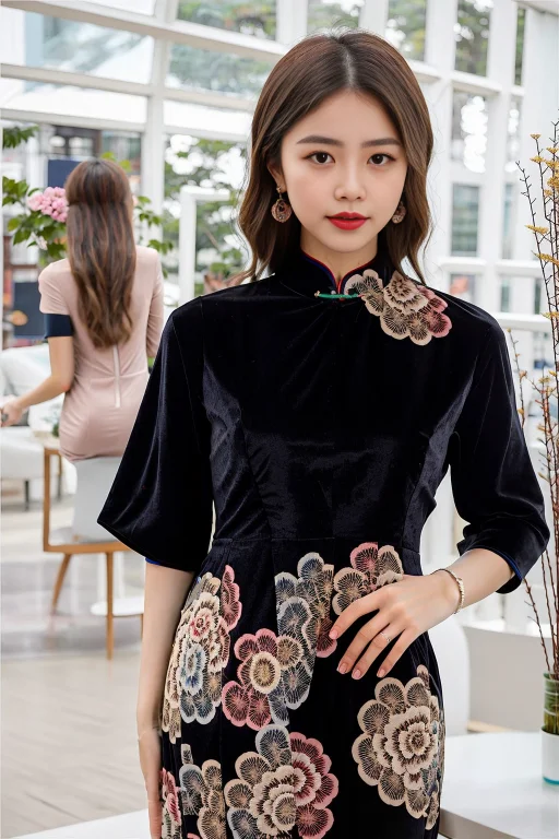 Raw Photo, Qipao, Half Slim Sleeve,solo, Dress,dark Blue Qip...