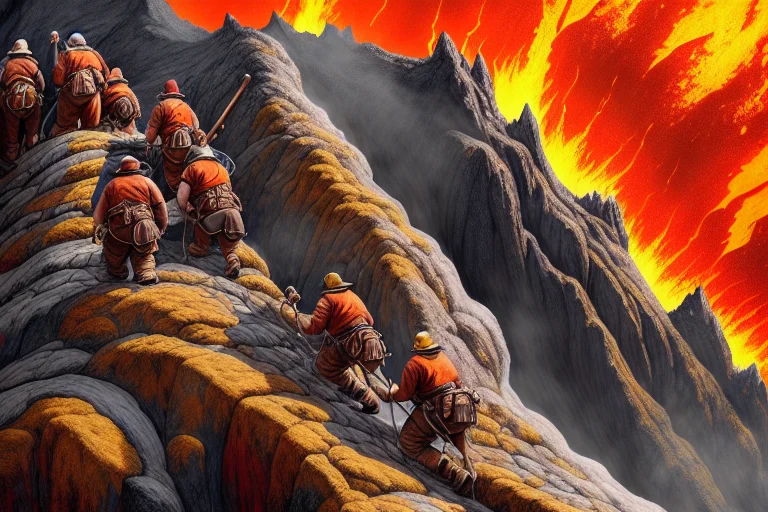 Dwarves Climbing Up The Side Of A Volcano, Highly Detailed,...
