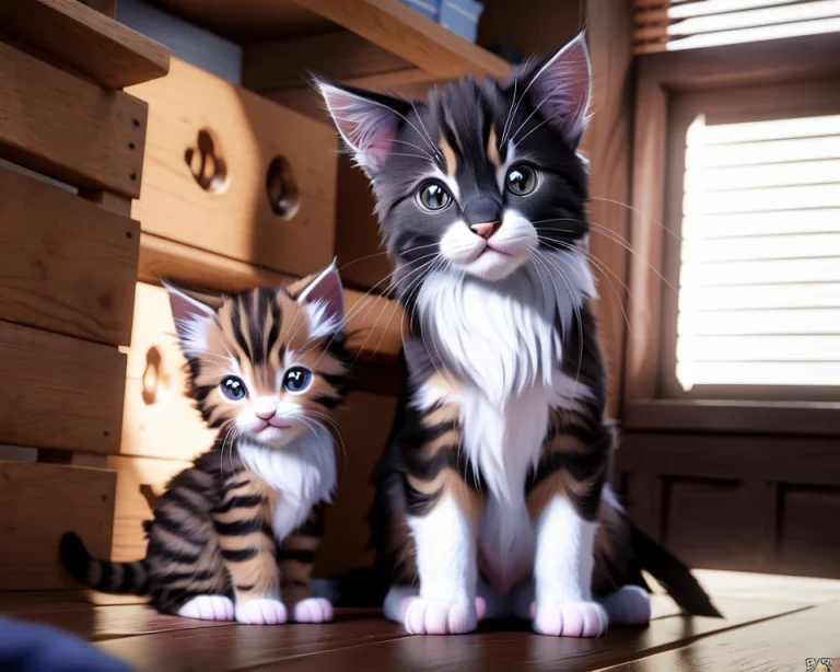 3d Render Of A Cute Furry Kitten Sitting Near A Puppy, Disne...