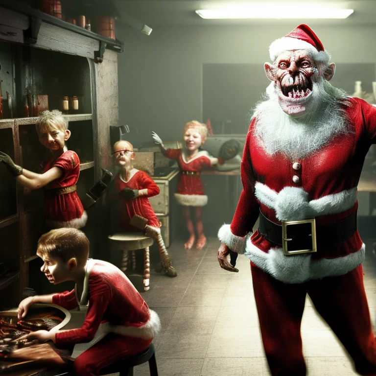 Santa In His Workshop Surrounded By Happy Little Elves, Phot...