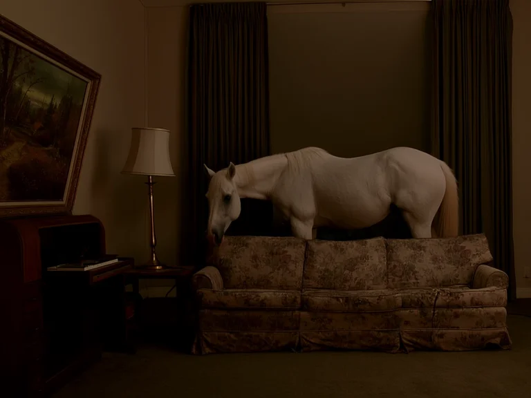 Lynch, Cinematic Still Of A White Horse Standing Silently In...
