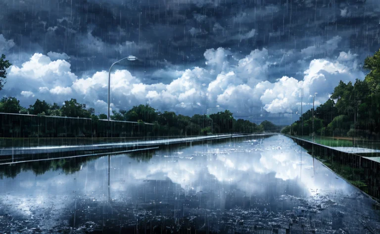 Concept Art, No Humans, Water Puddles, Country Side, Rain, C...