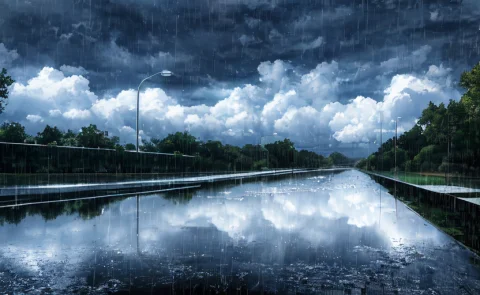 Concept Art, No Humans, Water Puddles, Country Side, Rain, C... — Stable Diffusion AI Prompt: Concept art, no humans, water puddles, country side, rain, cloudy,