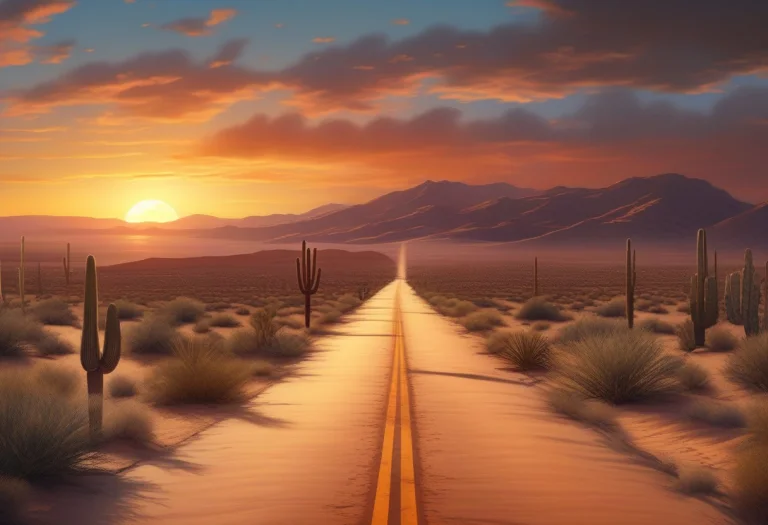 A Desert Road Running Straight Into A Sunset, Hyperrealistic...