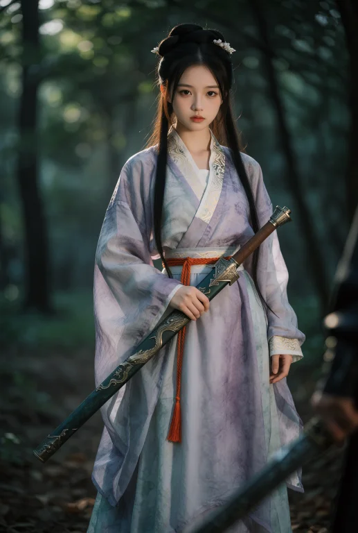 一位身着淡紫色传统汉服的年轻女子立于幽深林间，衣料轻盈飘逸，...