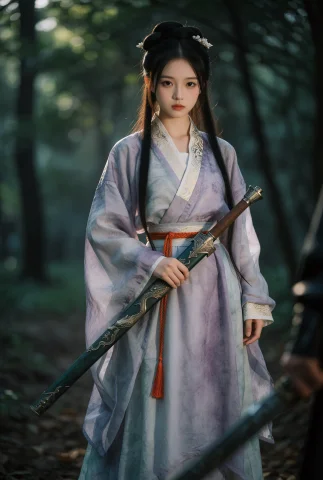 一位身着淡紫色传统汉服的年轻女子立于幽深林间，衣料轻盈飘逸，... — Stable Diffusion AI Prompt: 一位身着淡紫色传统汉服的年轻女子立于幽深林间，衣料轻盈飘逸，呈现出柔和的浅紫与淡...
