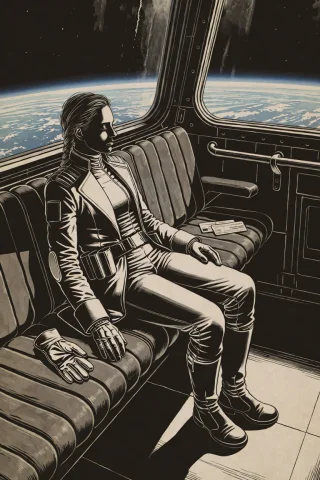 Da0klfe, Black And White Woodcut-style Illustration, A Woman... — Stable Diffusion AI Prompt: da0klfe, black and white woodcut-style illustration, A woman seated alone on a p...