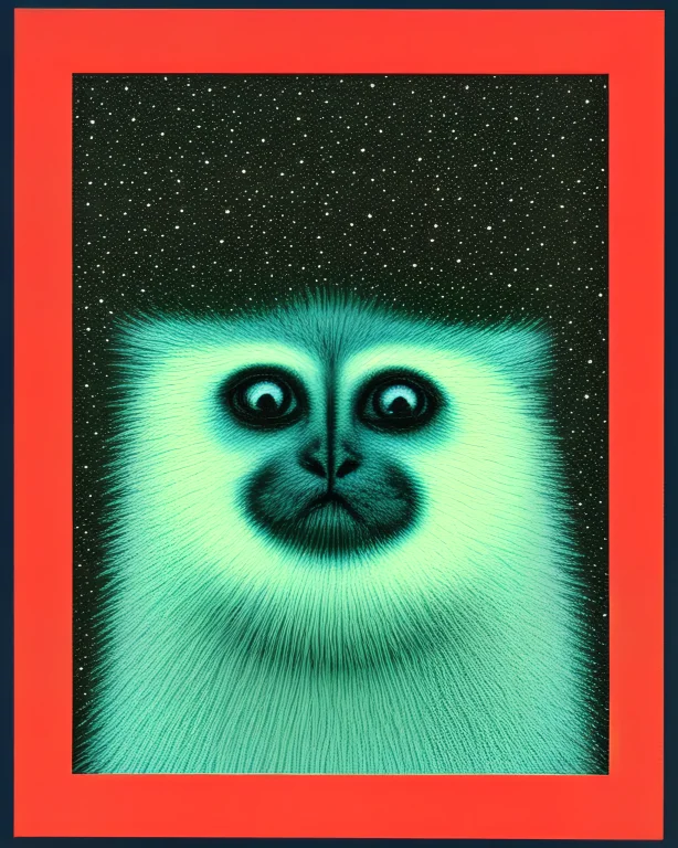 Gibbon, Close-up, Paper Collage, Ritual Stillness, Cosmic Du...
