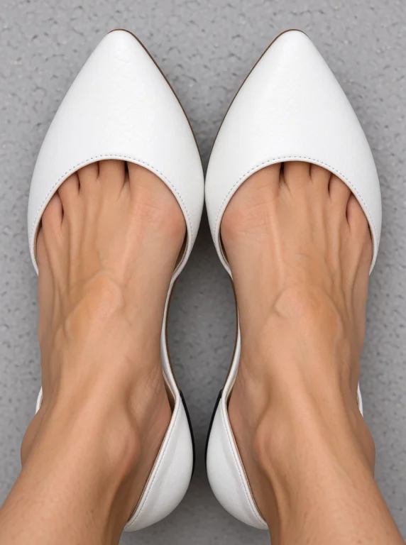White Flatshoes, Worn On Feet, Top-down Close-up, Black Sole