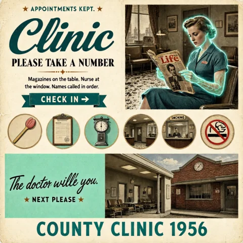 A Retro 1950s Mid-century Clinic Pamphlet Homepage Hero App... — Stable Diffusion AI Prompt: A retro 1950s mid-century clinic pamphlet homepage… Hero: “★ APPOINTMENTS KEPT.”...