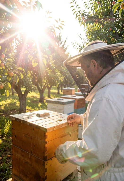 A Beekeeper Checking Hives In An Orchard, Cinematic Photogra...