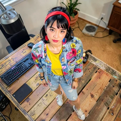 An Asian American Woman With A 1980s Pop-style Clothing Aest... — FLUX AI Prompt: an asian american woman with a 1980s pop-style clothing aesthetic stands on a de...