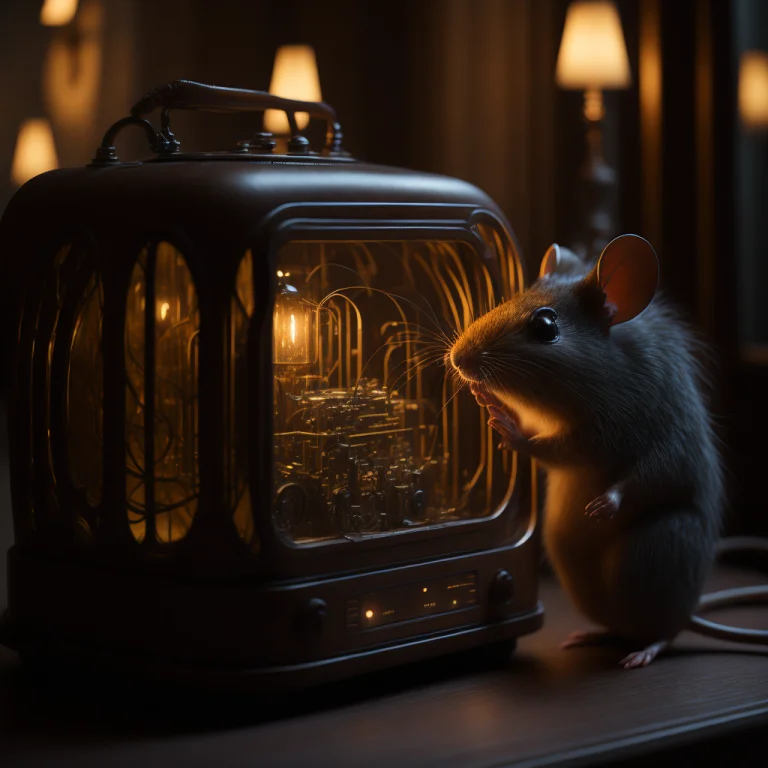A Tiny Furry Mouse Looking At A Gleaming Art Deco 1930s Radi...