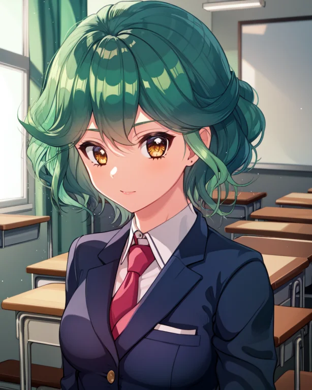 1girl, Rin, Green Hair, Short Hair, Yellow Eyes, Collared Sh...