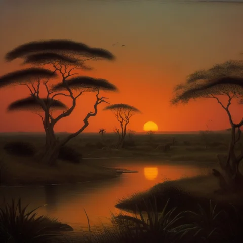 Detailed Safari Sunset Against A Black Backdrop By Martin Jo... — Stable Diffusion AI Prompt: detailed Safari Sunset against a black backdrop by martin johnson heade, artstat...