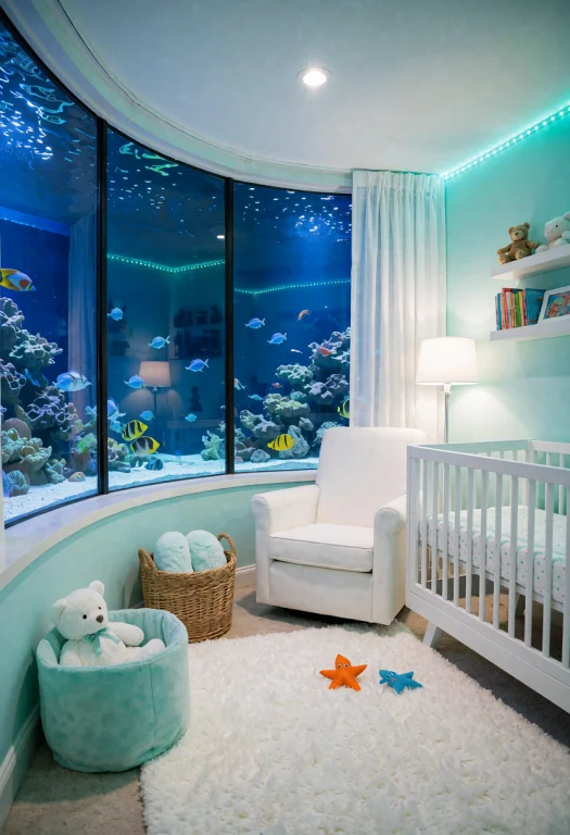 Frutiger Aero, A Bright White Nursery Room With A Curved Gla...