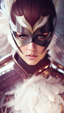 A Woman Wearing A Mask And Feathers On Her Head And A Feathe... — Stable Diffusion AI Prompt: a woman wearing a mask and feathers on her head and a feathered cape on her head...