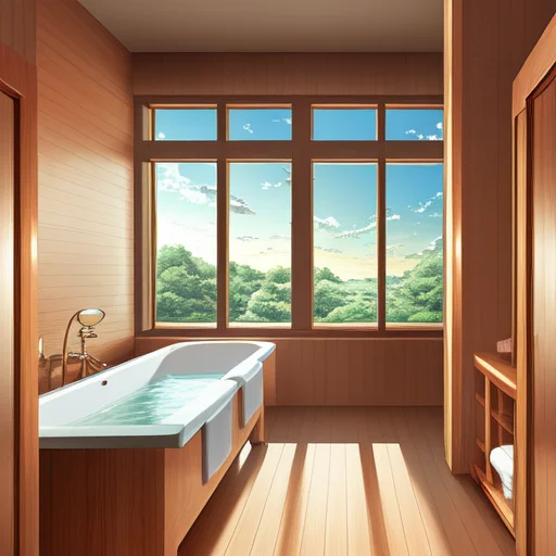 Bathroom, Anime Background, Dawn, Anime Style, Wood Cabinets...