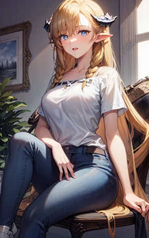 1girl,origentou,cowboyshot,jeans,t-shirt,horns,chair,sitting... — Stable Diffusion AI Prompt: 1girl,origentou,cowboyshot,jeans,t-shirt,horns,chair,sitting,cross legs,
