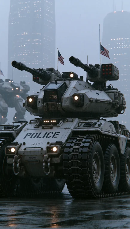 Dcsc1f1. Wide Low-angle Shot Capturing A Colossal Police Mec...