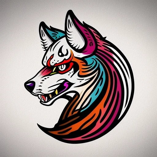 Phantatt Colourful Wolf Face Roaring White Background Bold L...