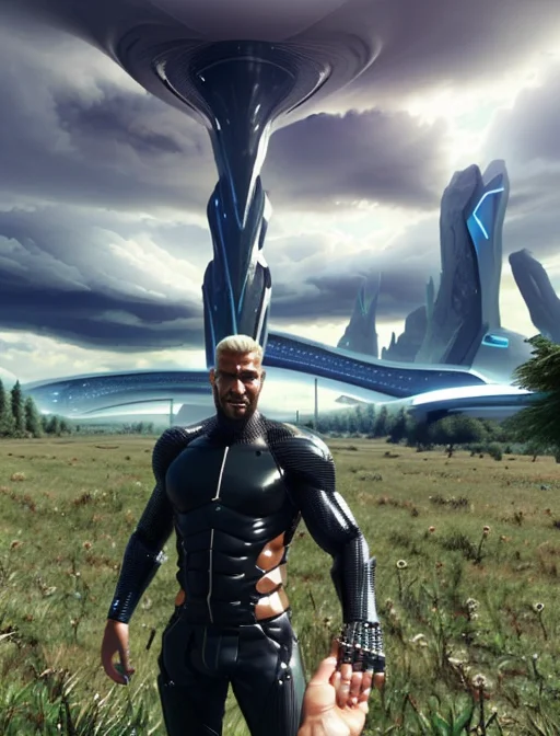 Tall Buff Man In A Futuristic Outfit, Facing Viewer, Grinnin...