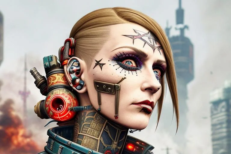 Cyberpunk Style, A Panorama, Pretty Usa Woman In Traditional...