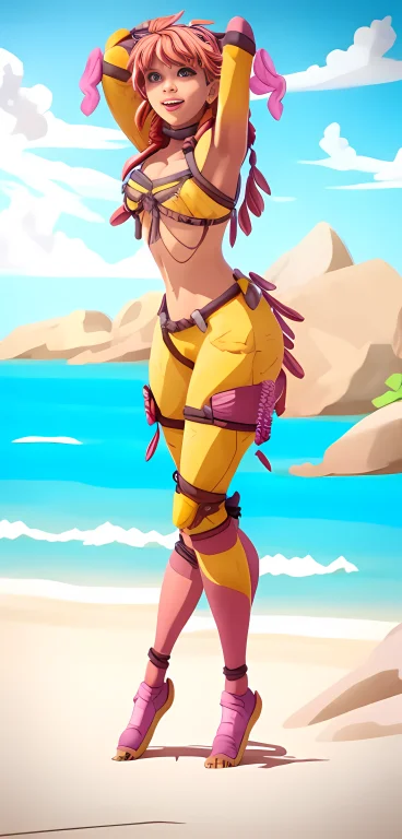 A Female Character Stand On The Beach, Tropical Island Backg...