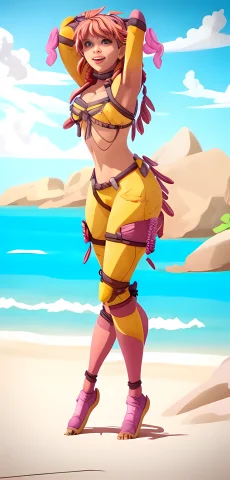 A Female Character Stand On The Beach, Tropical Island Backg... — Stable Diffusion AI Prompt: a female character stand on the beach, tropical island background, 