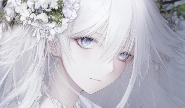 1girl Model White Wedding Dress White Hair White Eyes Flower...
