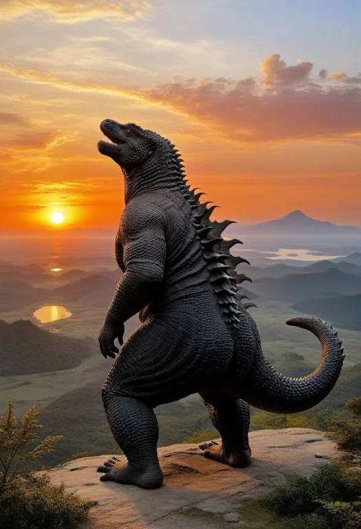 Sunset Landscape Painting, Oil Painting Style, Godzilla Far...