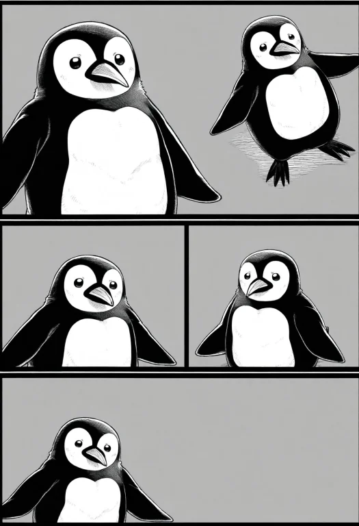 1girl, Penguin Costume, 4koma, Greyscale, Silent Comic