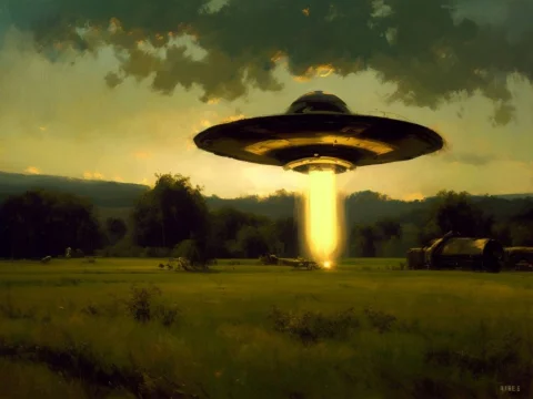 Ufo In A Country Field By Laxpeintv2, Nighttime Sighting Of... — Stable Diffusion AI Prompt: ufo in a country field by laxpeintV2, nighttime sighting of an alien spaceship h...