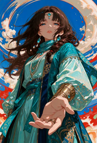 Anime Illustration, Vertical Portrait, Low-angle Camera Plac... — Stable Diffusion AI Prompt: anime illustration, vertical portrait, low-angle camera placed below her chest a...
