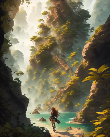 Advntr, Beautiful Woman With Long Brown Hair In A Dense Jung... — Stable Diffusion AI Prompt: advntr, beautiful woman with long brown hair in a dense jungle next to a lush cl...