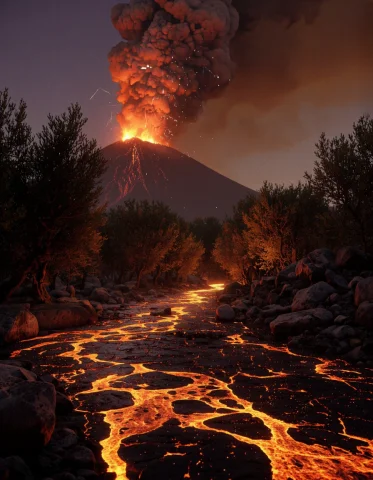 Mount Etna, Sicily, 1669 Night Descends As The Volcano Frac... — FLUX AI Prompt: Mount Etna, Sicily, 1669 â Night descends as the volcano fractures open, captu...