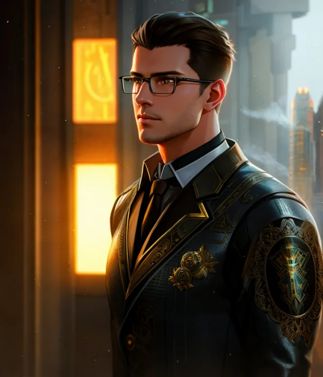 A Handsome Man With Glasses ,mechanical Android, Half Portra...