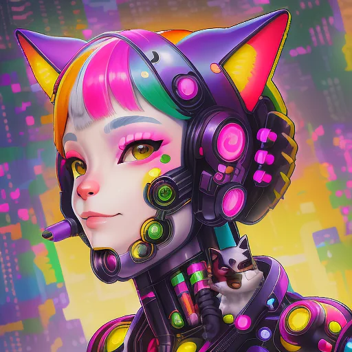 A Portrait Of A Cat, Cyberpunk, Multicolored Hair