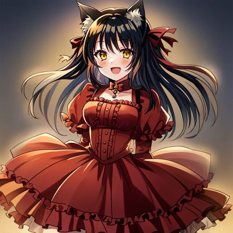 1girl, Solo, Catgirl, Cat Ears, D, Red Dress, Black Hair, Ye...