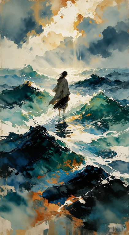 , A Solitary Figure Stands Upright On The Open Sea, Small An...