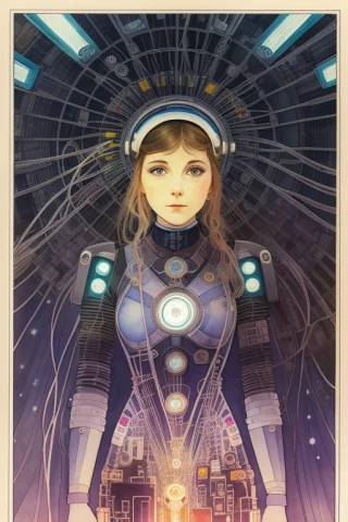 Girl Connected To A Huge Number Of Wires Connected To A Netw... — Stable Diffusion AI Prompt: girl connected to a huge number of wires connected to a network, she is like a p...