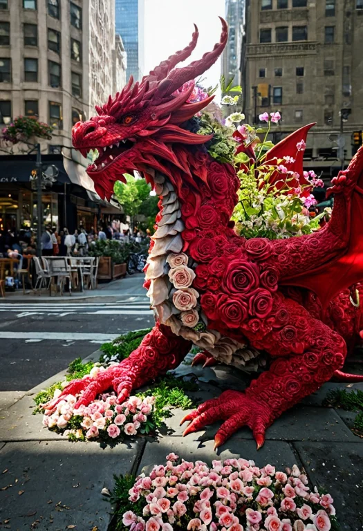Nvnfl0w3r, Red Dragon In Futuristic Made By Flowers, On Cafe...