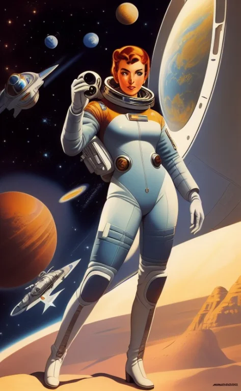 A Beautiful Female Astronaut Wearing Retro Spacesuit, On A T...