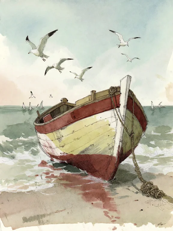 Bradhamel Art Style. A Weathered Wooden Rowboat With Faded R...