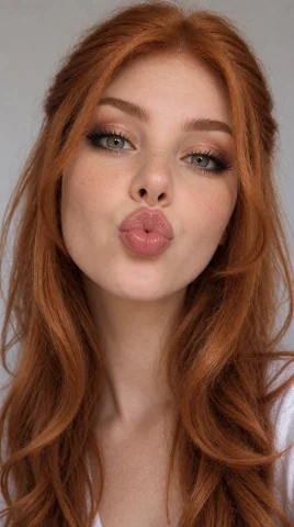 Portrait Shot Of A Woman, Lanax, Gently Wavy Copper-auburn H... — Stable Diffusion AI Prompt: portrait shot of a woman, lanax, gently wavy copper-auburn hair. puckered lips.